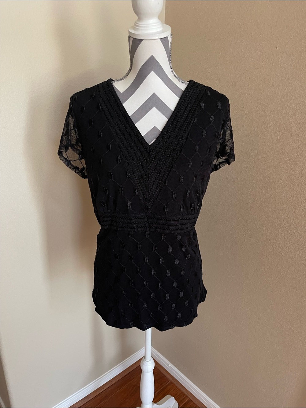 Alfani Black V-Neck Lace Overlay Blouse - Size: 2X